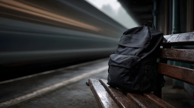A black backpack rests on a wooden bench at a train station platform with a blurred train passing by - Powered by Adobe