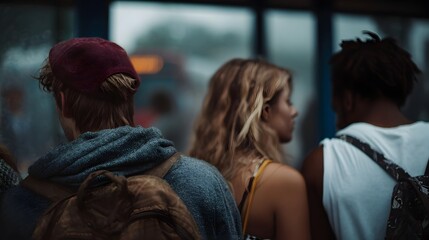Fototapeta premium Three diverse young friends with backpacks waiting at an urban bus stop