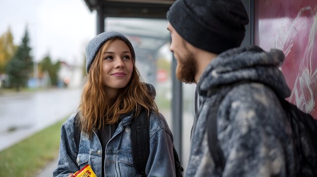 Young friends in casual wear wearing beanies talk and smile while waiting at an outdoor bus stop shelter with backpacks and snacks
