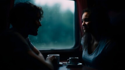 A couple shares a moment of conversation over drinks inside a train compartment by the window