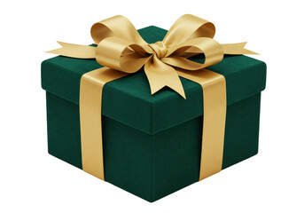 Elegant emerald green gift box with golden ribbon isolated PNG, present for Christmas or birthday on transparent background