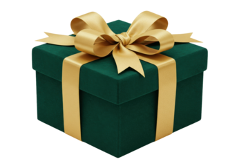 Elegant emerald green gift box with golden ribbon isolated PNG, present for Christmas or birthday on transparent background
