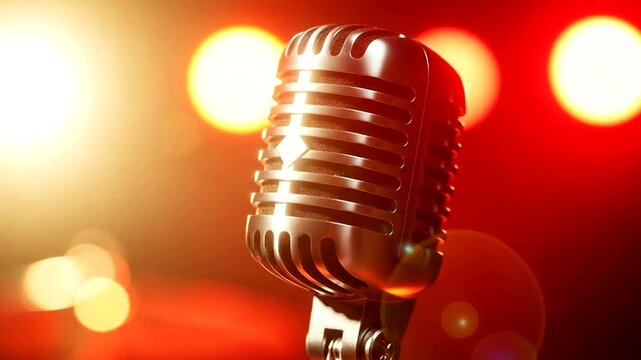 Vintage microphone on stage with blurred red and yellow lights