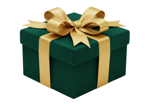 Elegant emerald green gift box with golden ribbon isolated PNG, present for Christmas or birthday on transparent background