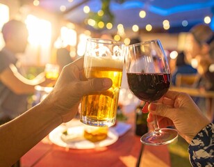 乾杯するビールと赤ワイン