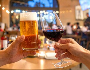 乾杯するビールと赤ワイン