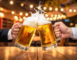勢いよくぶつけるように乾杯するビール
