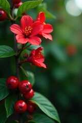 Fototapeta premium Bold red flowers burst forth, lush green leaves, glistening red berries A vibrant display , still life, detail, festive
