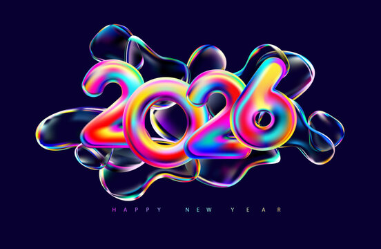 New year 2026. Iridescent colorful calendar date with fluid bubbles. Multicolor numbering design.