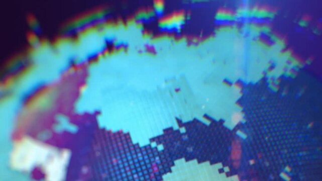 Pixelated digital map with glowing squares forming abstract global patterns
