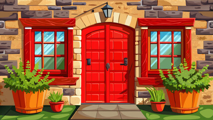 Obraz premium Very beautiful red wooden doors of a traditional English stone cottage, framed by textured limestone walls and two charming plant pots, evoking warmth, heritage, and countryside elegance in a timeless