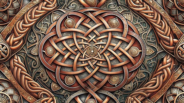 European and Western Celtic Knotwork Pattern – intricate interlaced bronze ornamental design, medieval insular illustration background, Irish Scottish Norse heritage symbol