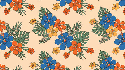 A seamless pattern design featuring tropical hibiscus flowers and palm fronds on a light beige background.  