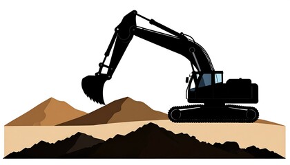 Black excavator silhouette digging into dirt piles on a horizontal surface against a white background