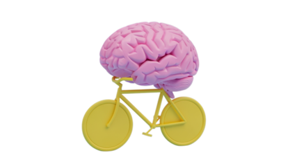 Pink Brain Riding Yellow Bicycle on Transparent Background Illustration