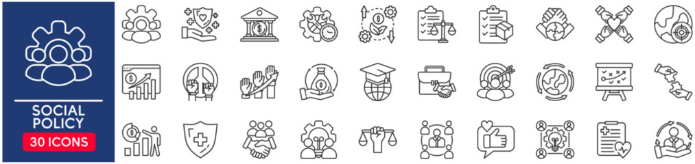 Social policy Web Icon Set in Line Style. vector illustration concept relate to team, business, people, work, teamwork, person, hr, line, vector, group