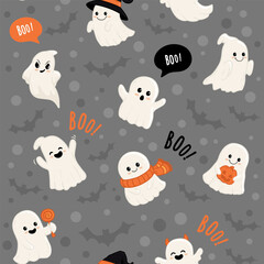 seamless halloween pattern with cute cartoon ghost, boo. Gray backdrop. Vector