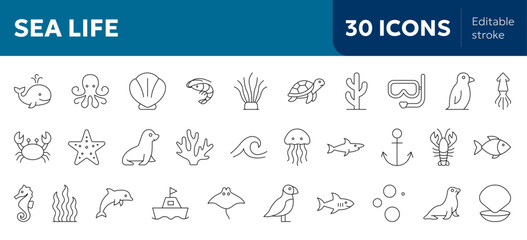 set of  sea life icons in line art with ocean aquatic animals and nature 