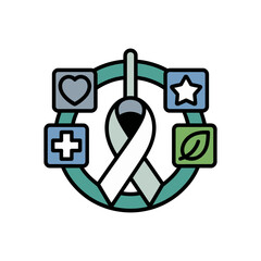 Healthcare support emblem, ribbon within shielded ring, heart star leaf icons, prevention education treatment, collaborative respiratory wellness vector