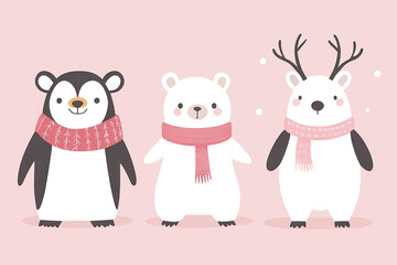 Naklejka premium Simple penguin, polar bear, and reindeer in pink scarves standing on a soft pastel background.