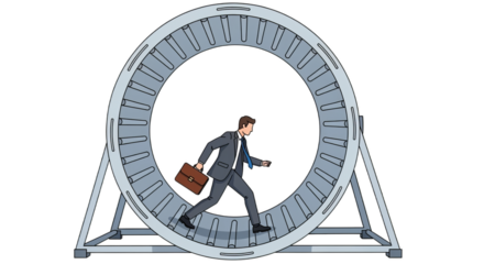 Running Businessman in Hamster Wheel Gray Suit with Brown Briefcase