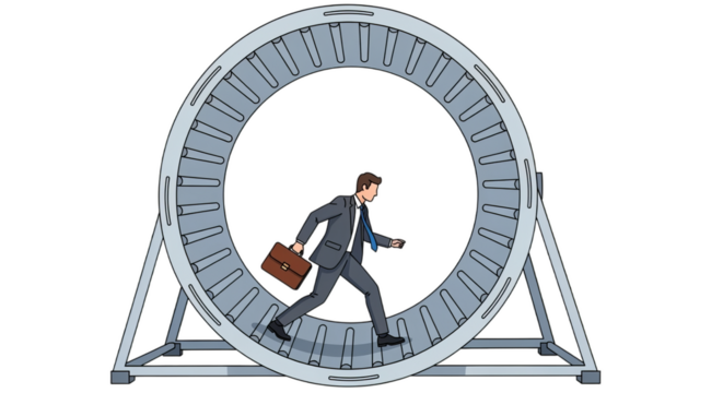Running Businessman in Hamster Wheel Gray Suit with Brown Briefcase