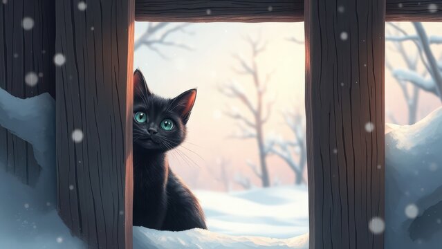 A charming black cat peeks through a wooden fence amidst a snowy landscape, capturing the essence of winter curiosity.