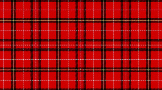 Traditional red tartan plaid fabric pattern with black and white lines, classic Scottish textile design, warm wool texture background for fashion, clothing, interior, and Christmas decoration