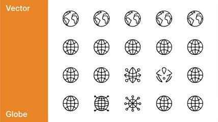 A set of 20 minimalist line art icons of globes and Earth symbols arranged in a grid format.  