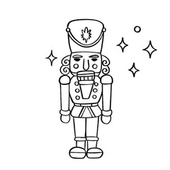 Nutcracker soldier with sparkles in classic black and white festive Christmas line art style
