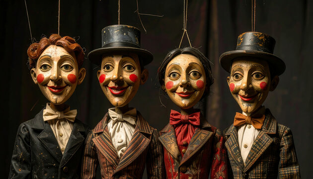 Vintage wooden marionette puppets with painted faces, dressed in old-fashioned suits and top hats, theatrical performance props, artistic and nostalgic craftsmanship.