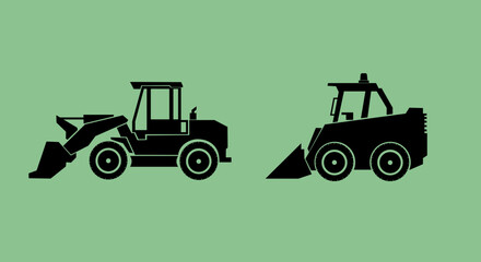 Two black silhouette construction machines with loading buckets on a soft green background, depicting excavation, earthmoving, and heavy equipment at a worksite.