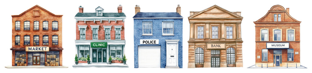 Fototapeta premium PNG Charming watercolor town buildings, element set on transparent background