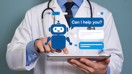 Doctor using modern AI chatbot on tablet for patient assistance, offering efficient healthcare solutions with cutting edge technology now