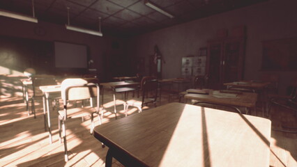Desks arranged in rows fill a quiet classroom, where sunlight pours through windows creating long shadows. The atmosphere feels calm and inviting, hinting at past learning experiences.