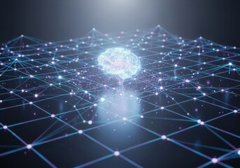 Abstract digital brain network with glowing nodes and connections representing artificial intelligence and data flow
