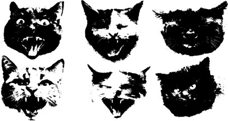 Cat faces in black and white illustration. Unique vector set showcasing various expressions and styles.