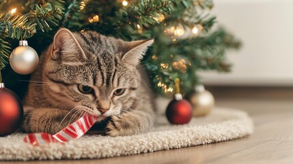 Cat Chewing on Festive Ribbon Under Christmas Tree with Ornaments