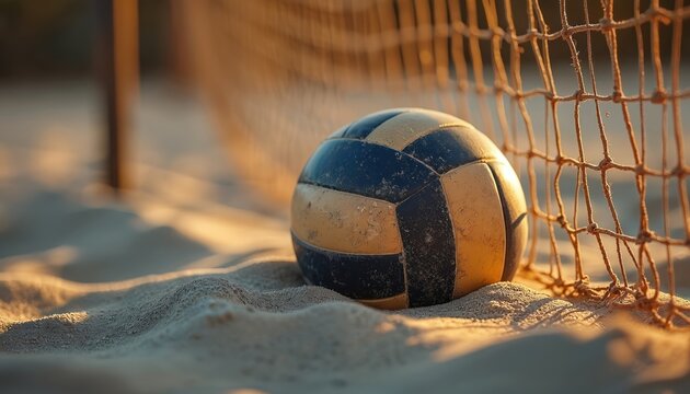 Volleyball lies in sand next to net on beach. Blue and yellow ball is dirty and worn. Soft golden sand and net in sunlight. Evening sun casts shadows on sandy court.