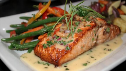 Delicious pan-seared salmon with creamy sauce and fresh vegetables on a white plate