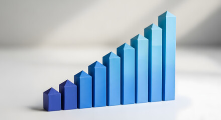 A blue bar graph with increasing height on a white surface showing growth and positive trends clearly