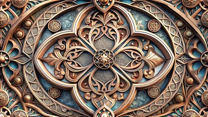 Obraz premium European Western Gothic Trefoil Rosette Pattern, Ornate Bronze and Turquoise Cathedral Tracery, Medieval Carved Relief Medallion Background for Luxury Interior Design and Architecture