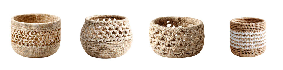 Four Woven Baskets on White, Rustic Home Decor.