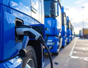 Blue electric truck charging in a row on a sunny day at the truck stop