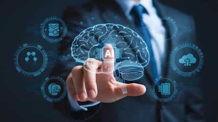 Cutting-edge AI concept with human touch for innovative technology solutions, showcasing brain power and digital transformation for modern business success
