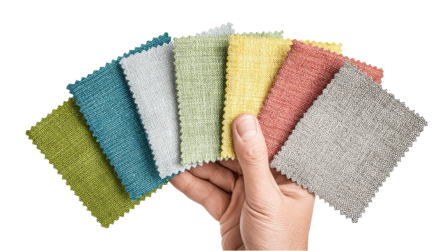 Hand Holding a Fan of Colorful Fabric Swatches on White Background