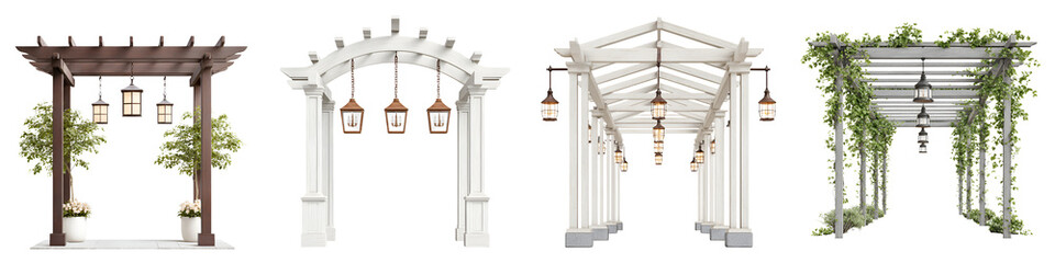 Elegant Garden Arbors with Decorative Lighting on White Background