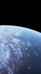 From a distant perspective, Earth appears majestic in its blue and brown hues. Lush landscapes and swirling clouds reveal the planets beauty against the vastness of space.