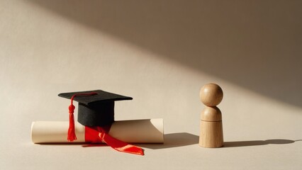 Graduation cap, diploma, and wooden figure in warm light