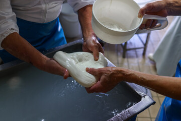 Operaio di un caseificio mentre prepara la mozzarella di bufala campana a mano 